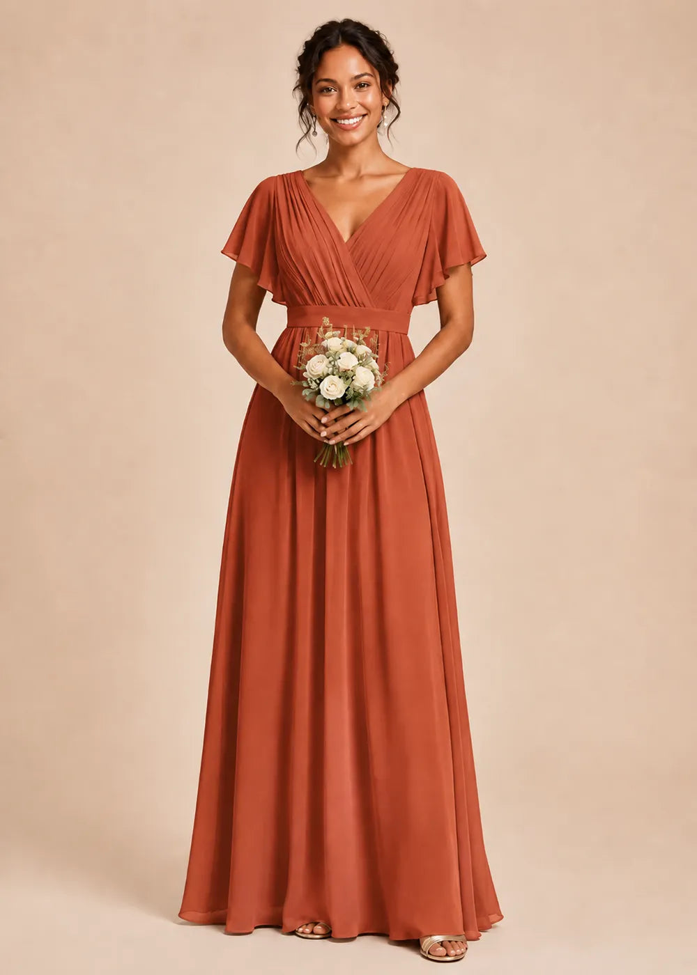 Flutter Sleeve V-Neck Formal Gown