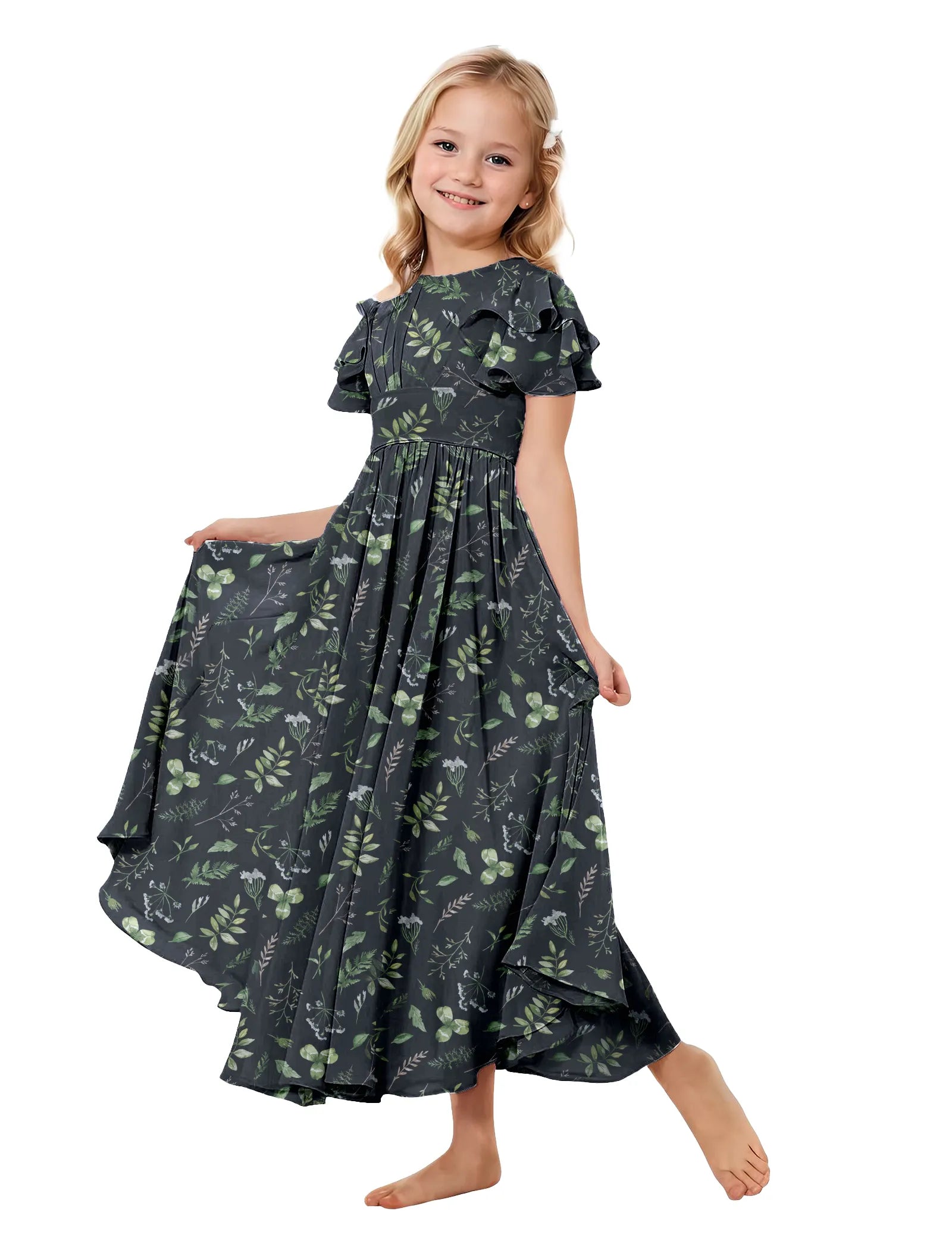 Girls Floral High-Low Flutter Sleeve Dress