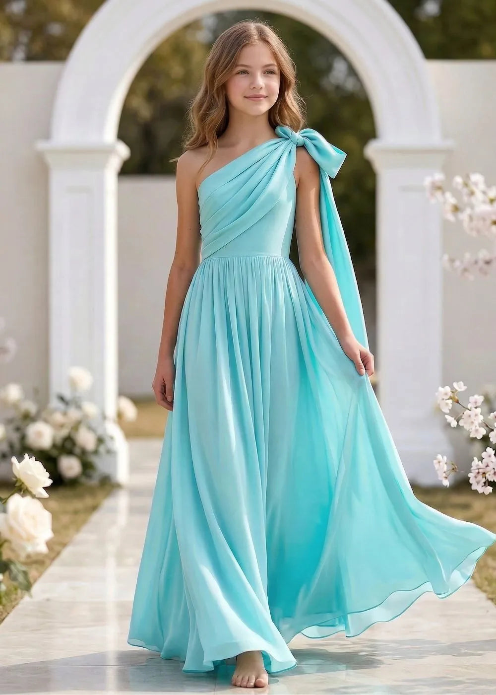 draped shoulder bridesmaid dress Alfred Sung Women's Off the Shoulder Puff Sleeve Satin Gown - Blue