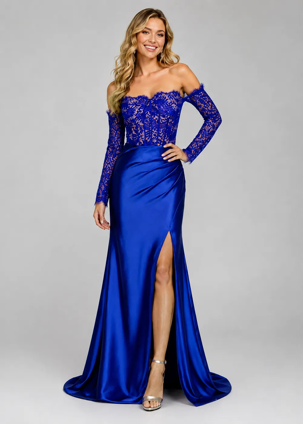 Vivienne Long-Sleeve Lace Satin Evening Gown