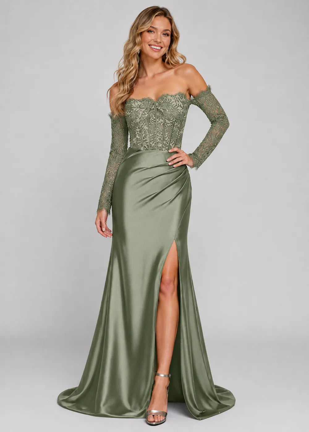 Vivienne Long-Sleeve Lace Satin Evening Gown