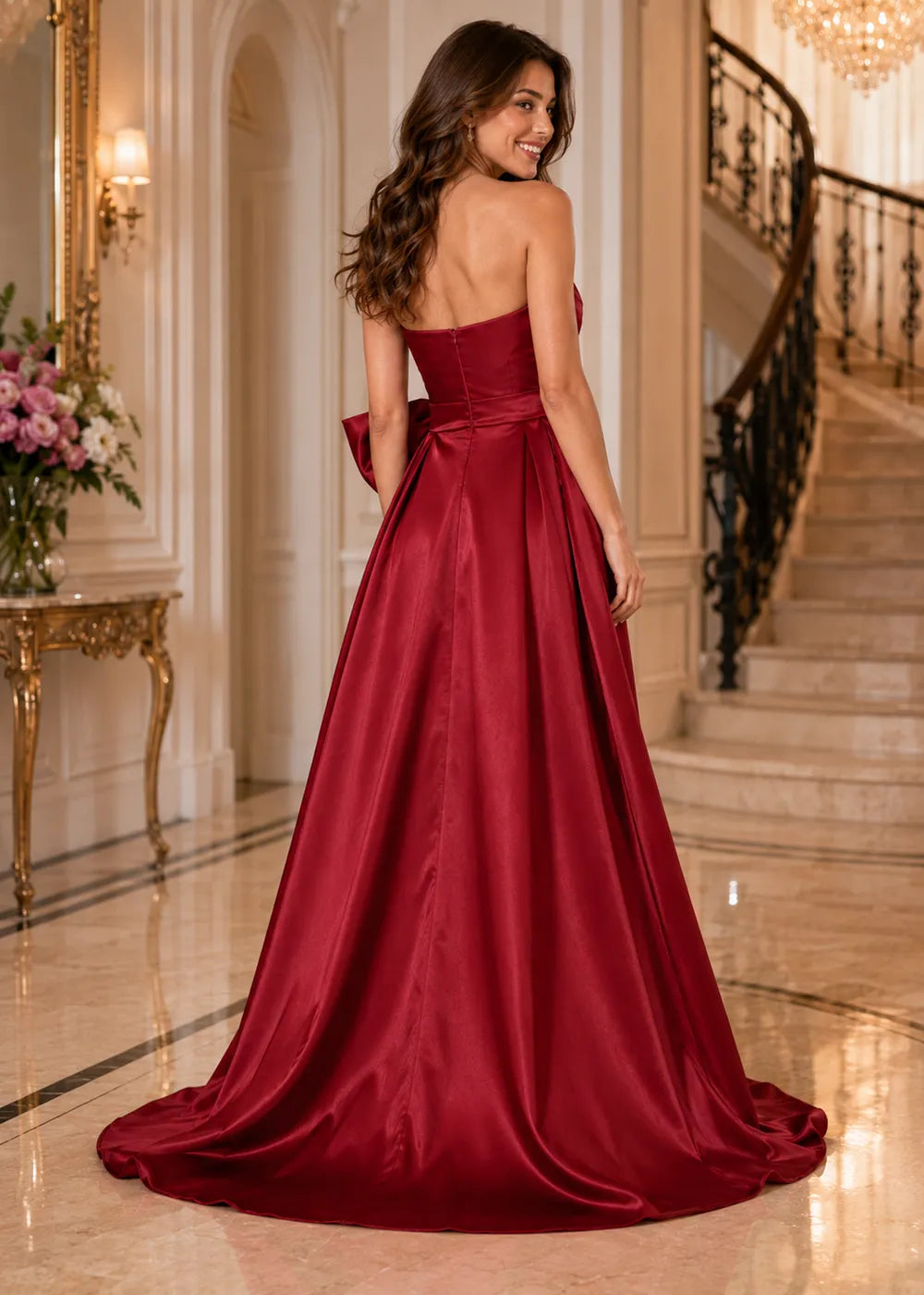 Sculpted Bow Strapless Satin Gown