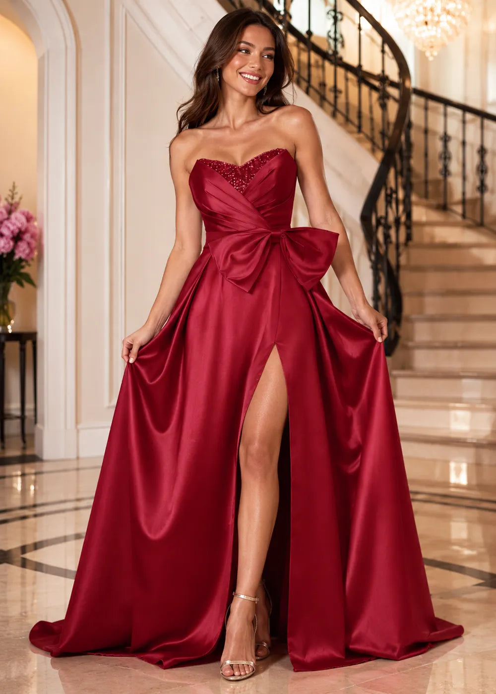 Sculpted Bow Strapless Satin Gown