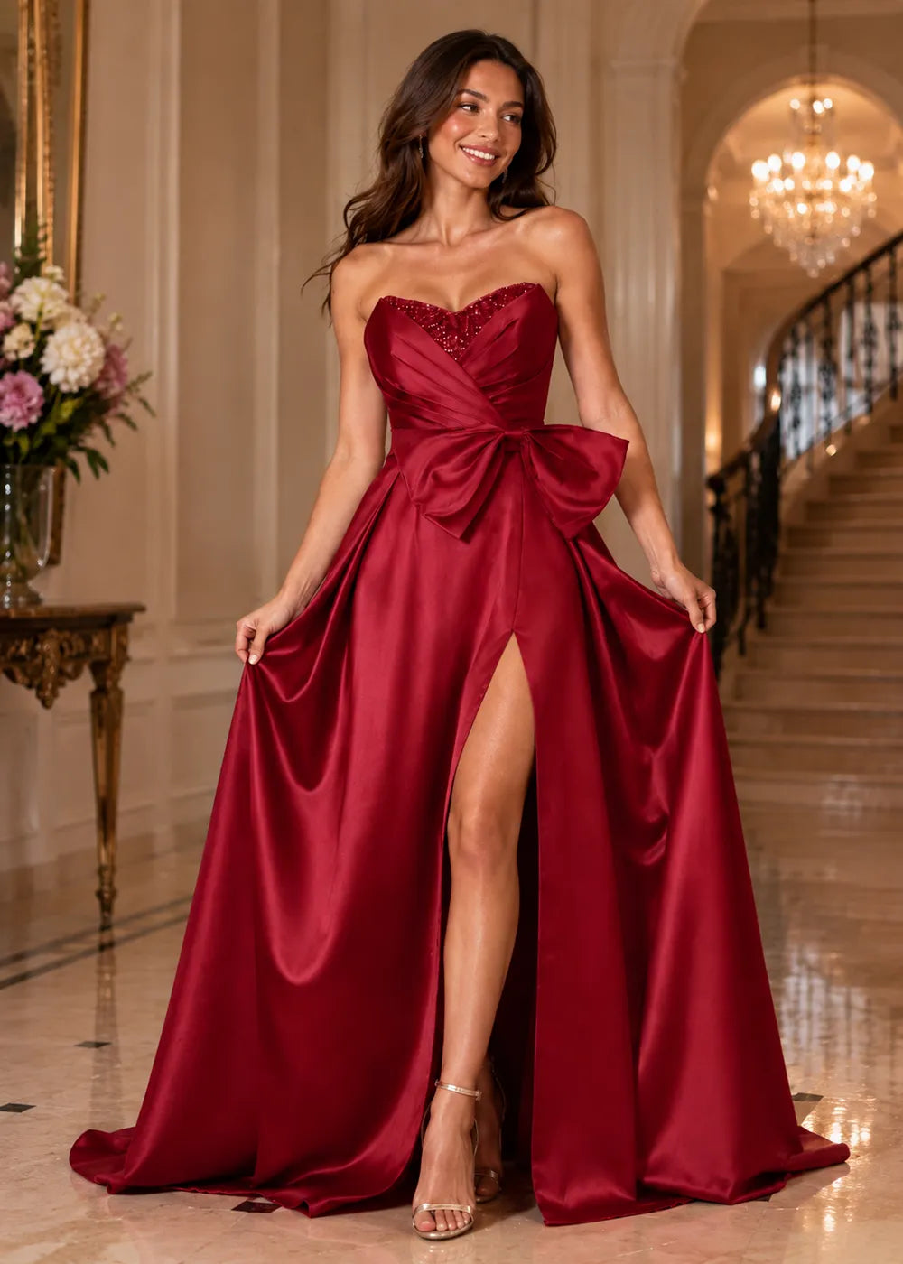 Sculpted Bow Strapless Satin Gown