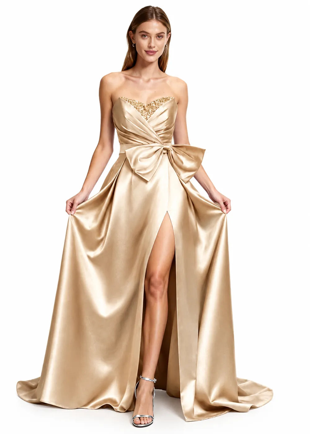 Sculpted Bow Strapless Satin Gown