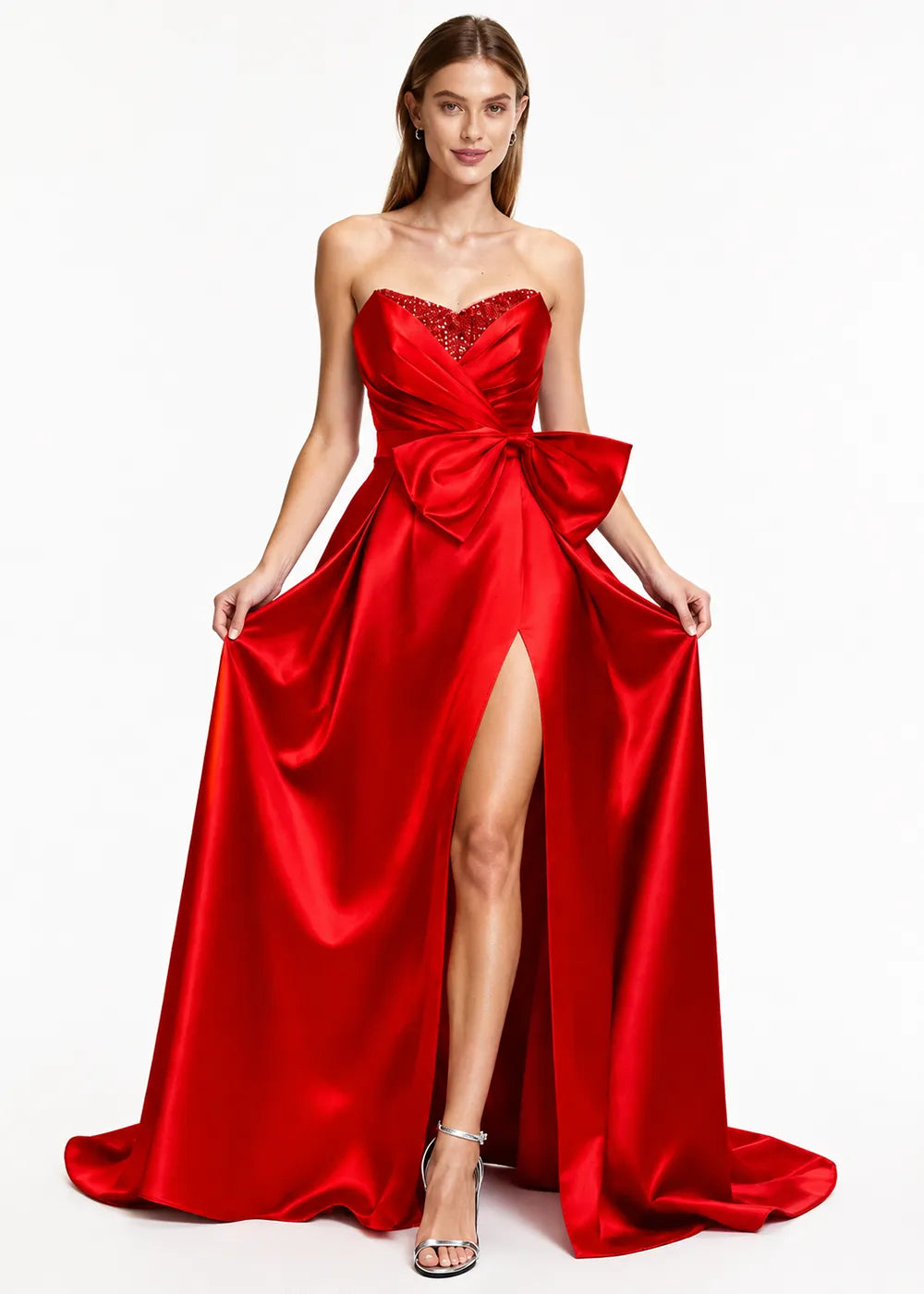 Sculpted Bow Strapless Satin Gown