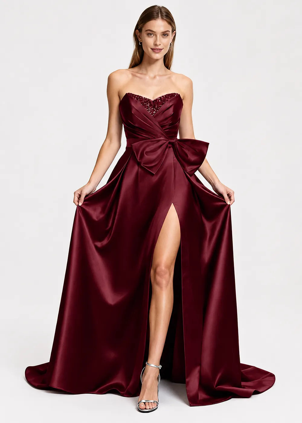 Sculpted Bow Strapless Satin Gown