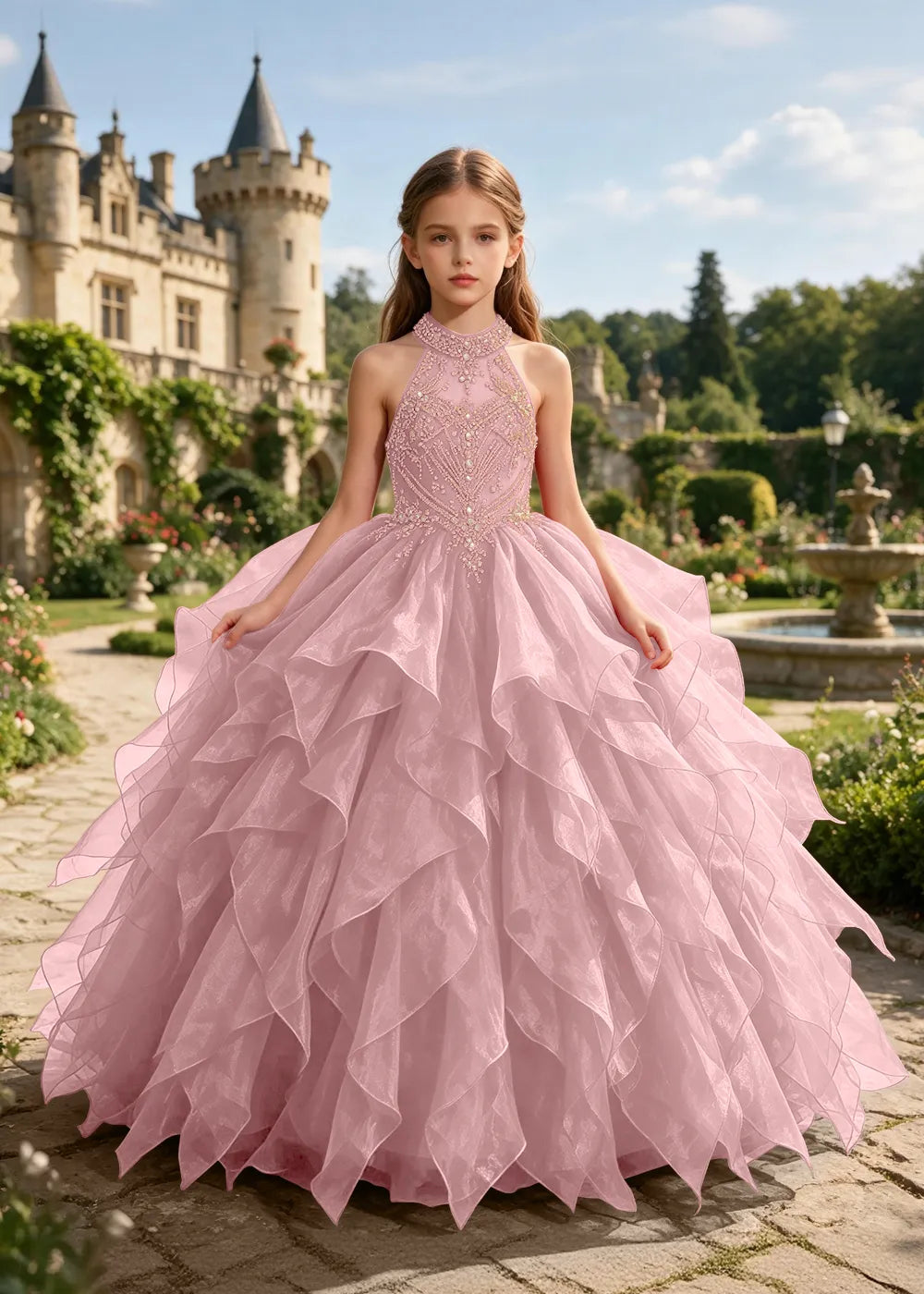 オフショルダーのレースプリンセスドレス