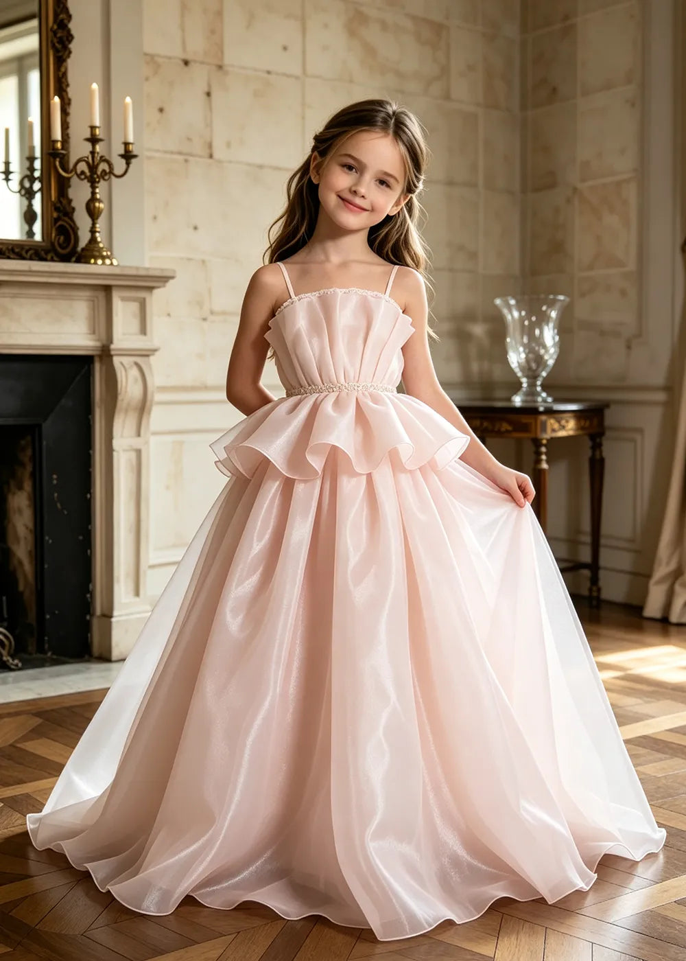 Pearl Waist Draped Flower Girl Ball Gown