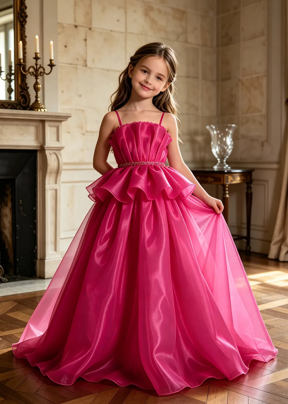 Pearl Waist Draped Flower Girl Ball Gown