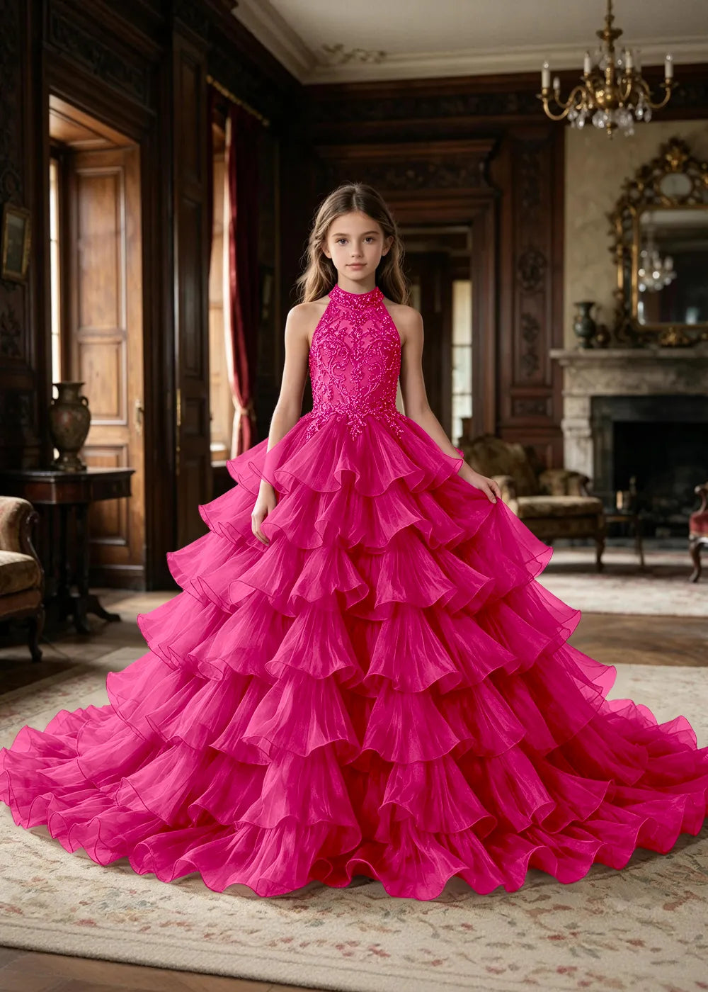 Halter Ruffle Tulle Pageant Ball Gown for Girls