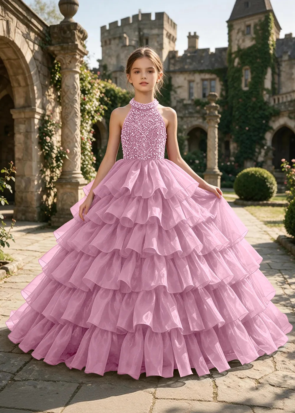 Halter Sequin Tiered Pageant Ball Gown for Girls