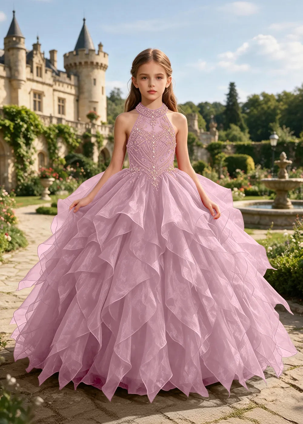 オフショルダーのレースプリンセスドレス