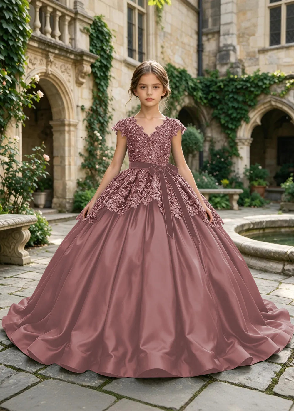 Floral Lace Satin Ball Gown for Girls
