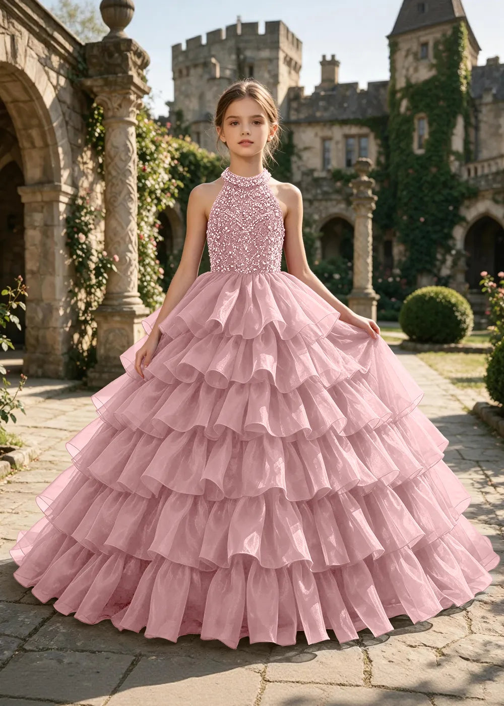 Halter Sequin Tiered Pageant Ball Gown for Girls