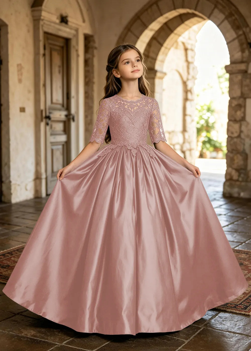Floral Lace Satin Ball Gown for Girls