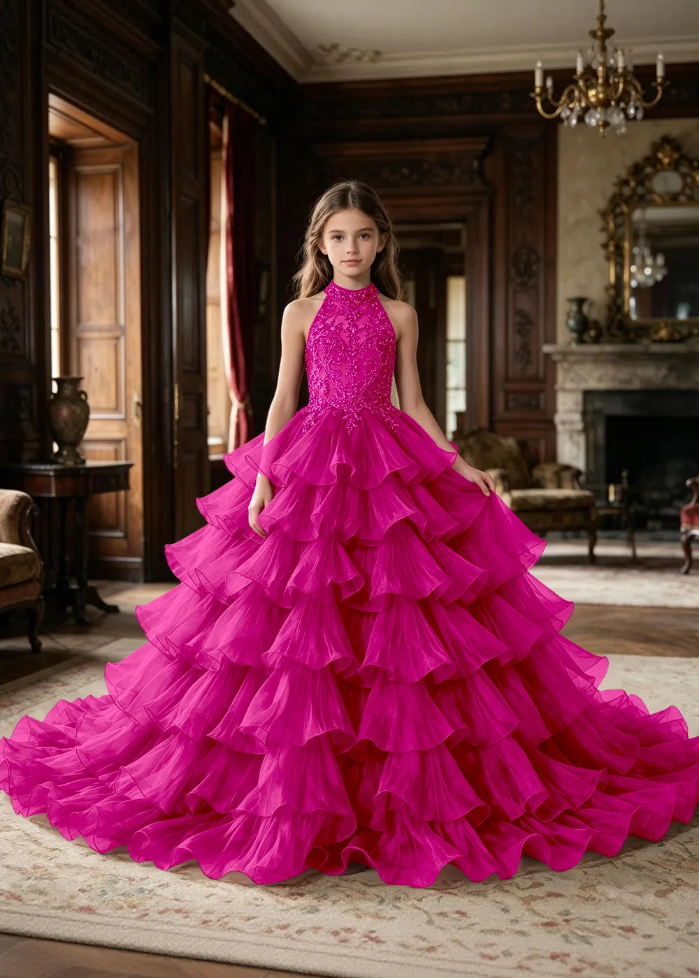 Halter Ruffle Tulle Pageant Ball Gown for Girls