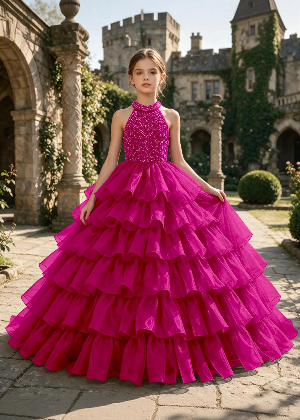 Halter Sequin Tiered Pageant Ball Gown for Girls