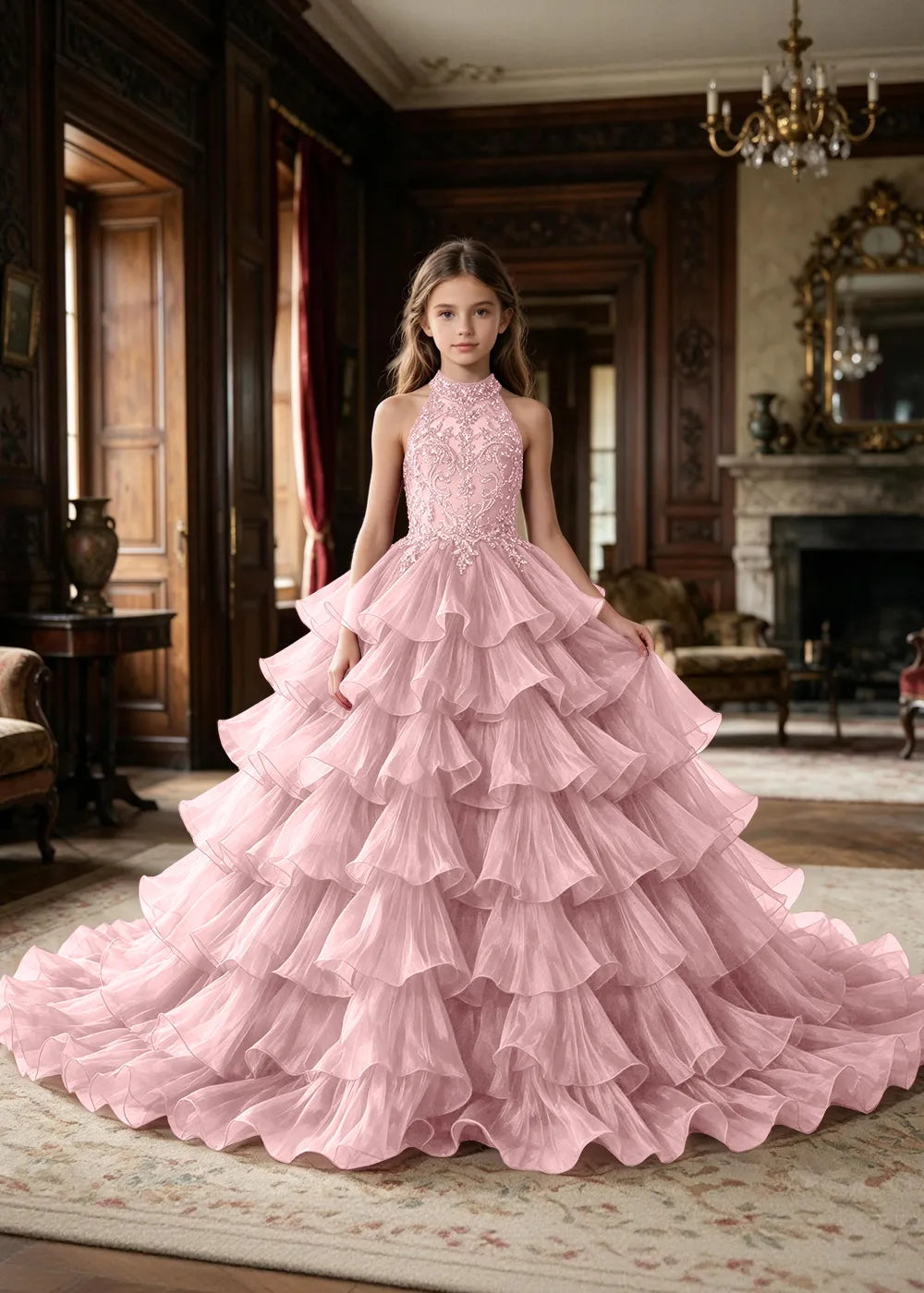 Halter Ruffle Tulle Pageant Ball Gown for Girls