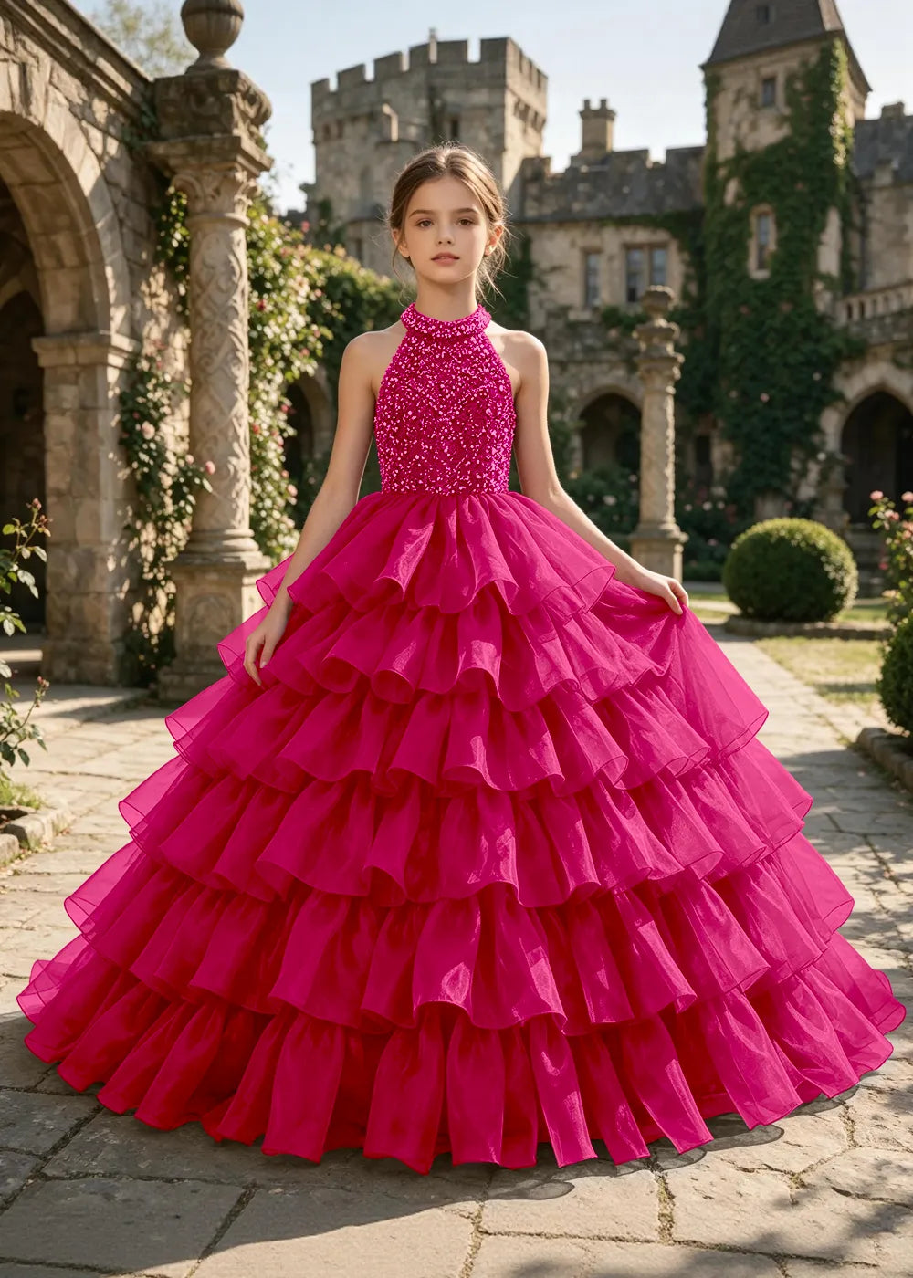 Halter Sequin Tiered Pageant Ball Gown for Girls