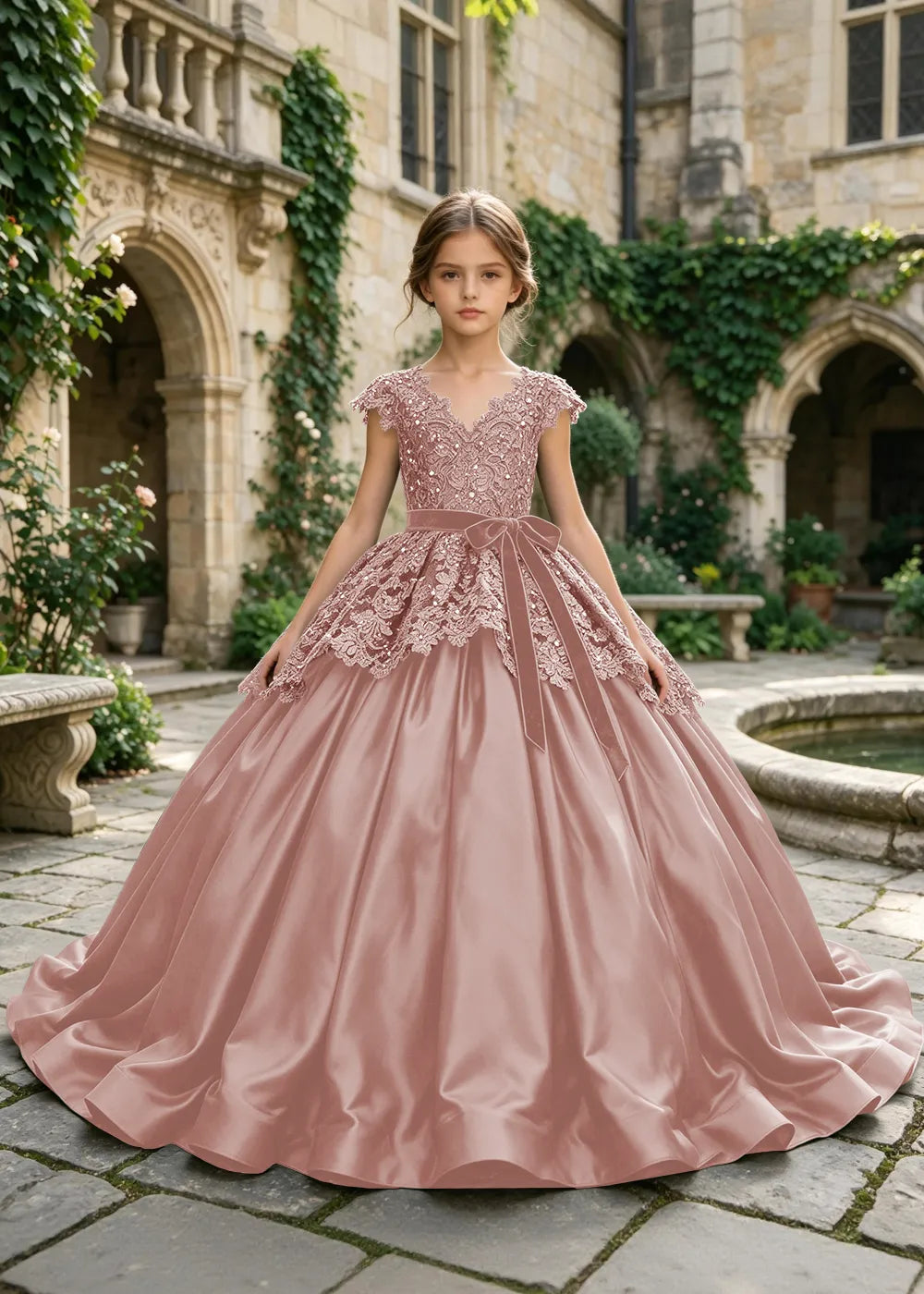 Floral Lace Satin Ball Gown for Girls