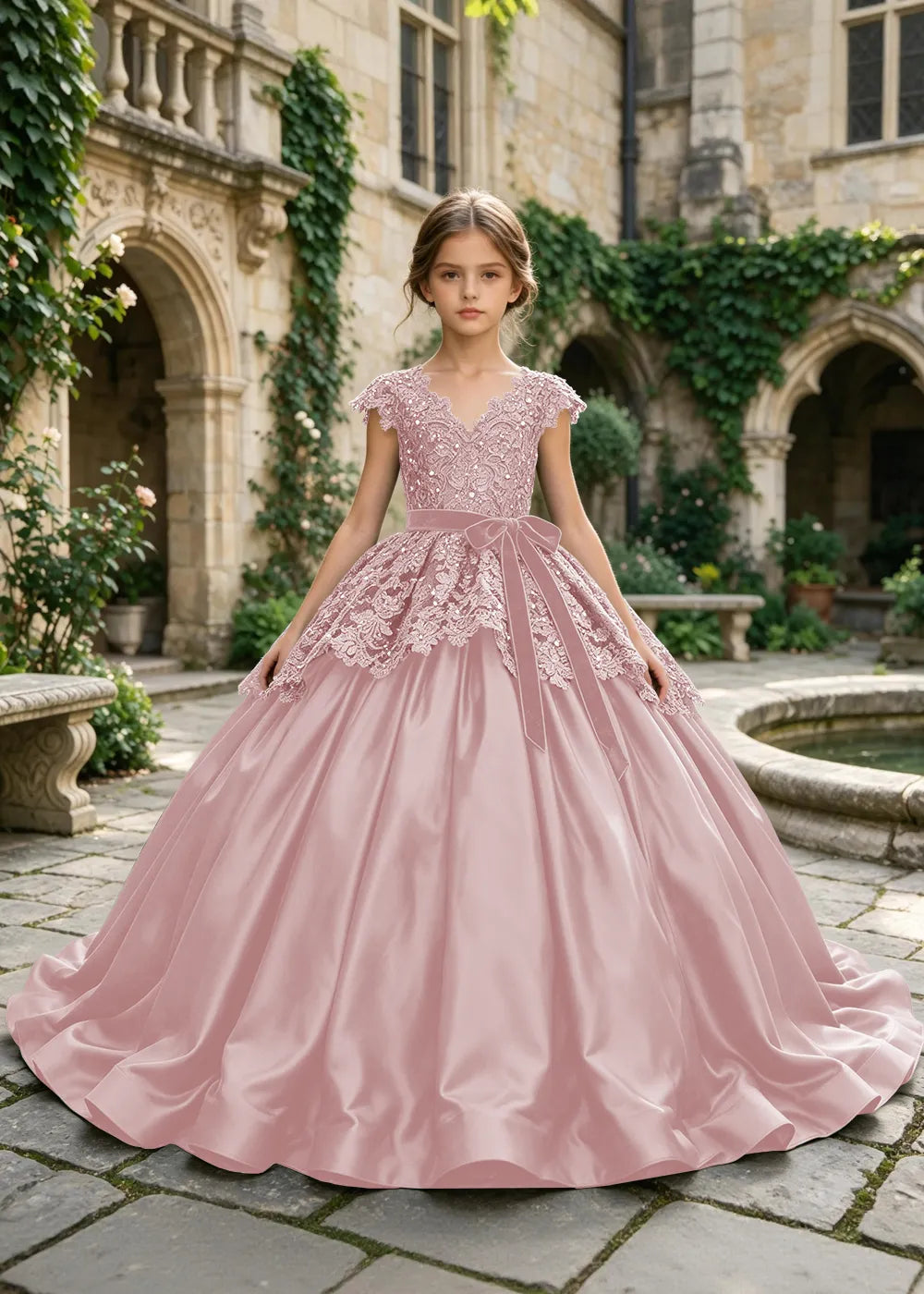 Floral Lace Satin Ball Gown for Girls