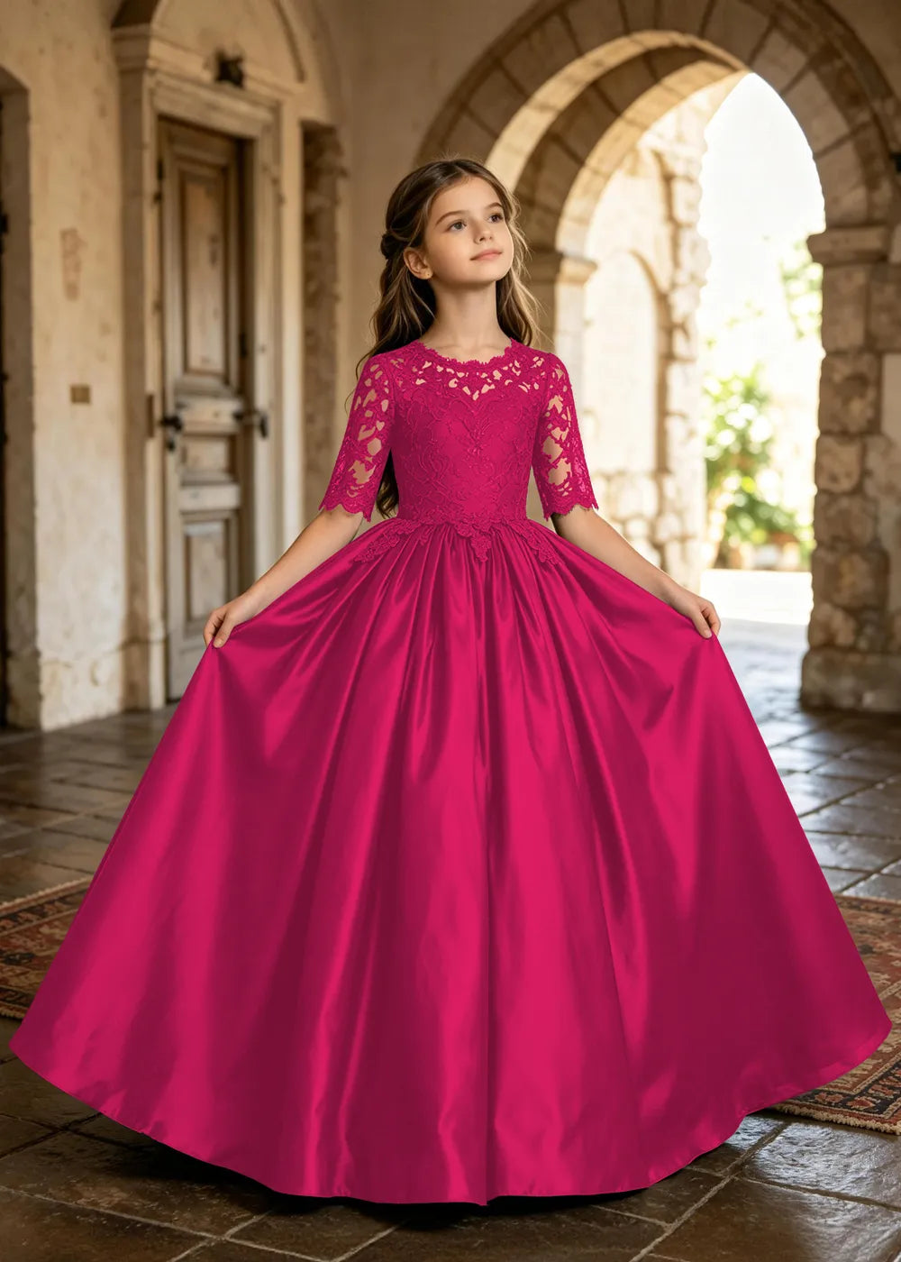 Floral Lace Satin Ball Gown for Girls