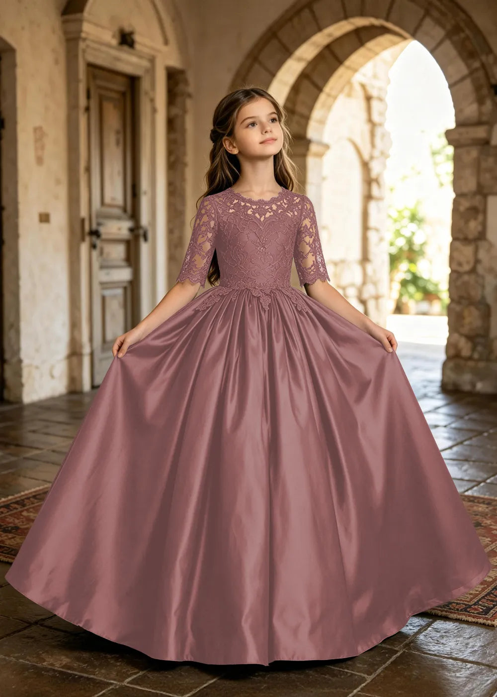 Floral Lace Satin Ball Gown for Girls