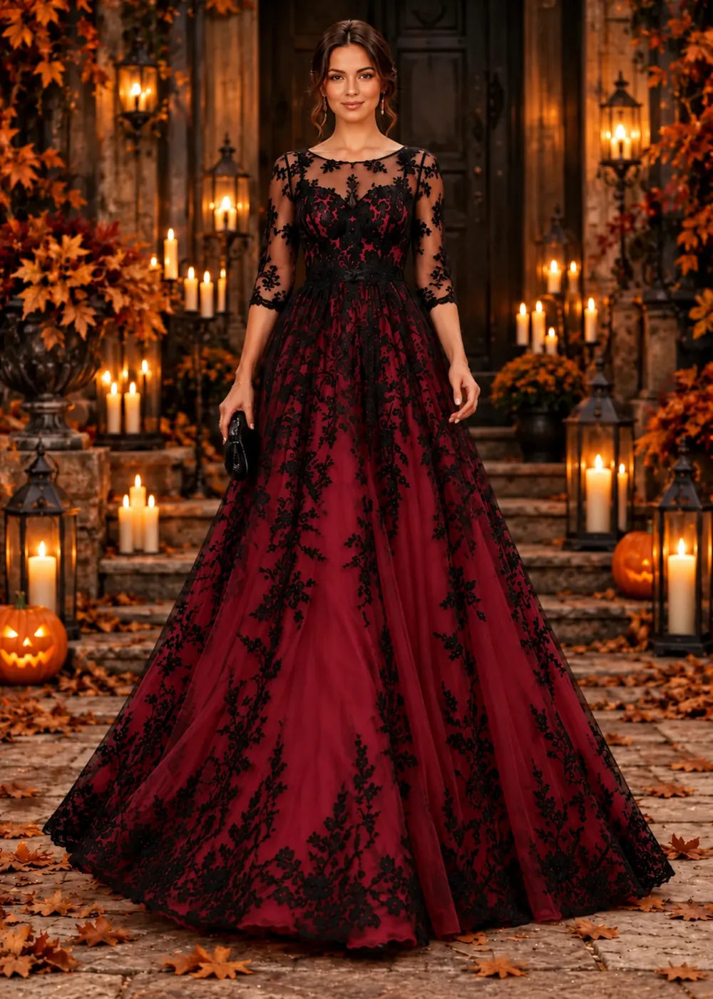 Front view of the burgundy evening gown with an allover black floral-lace overlay and a floor-length tulle skirt.