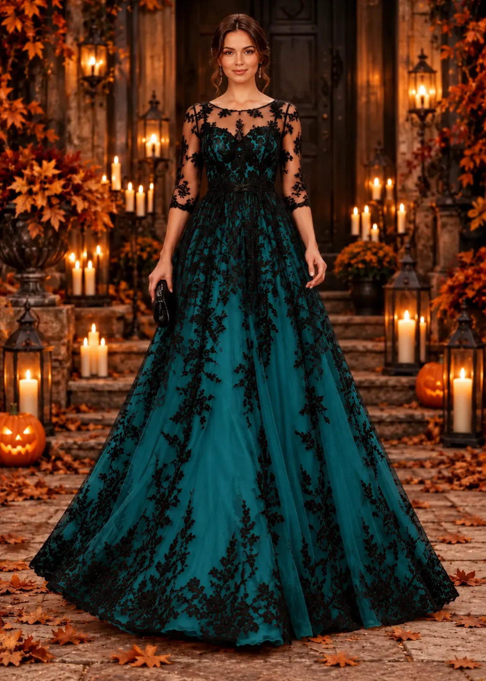 Front view of the dark teal evening gown with an allover black floral-lace overlay and a floor-length tulle skirt.
