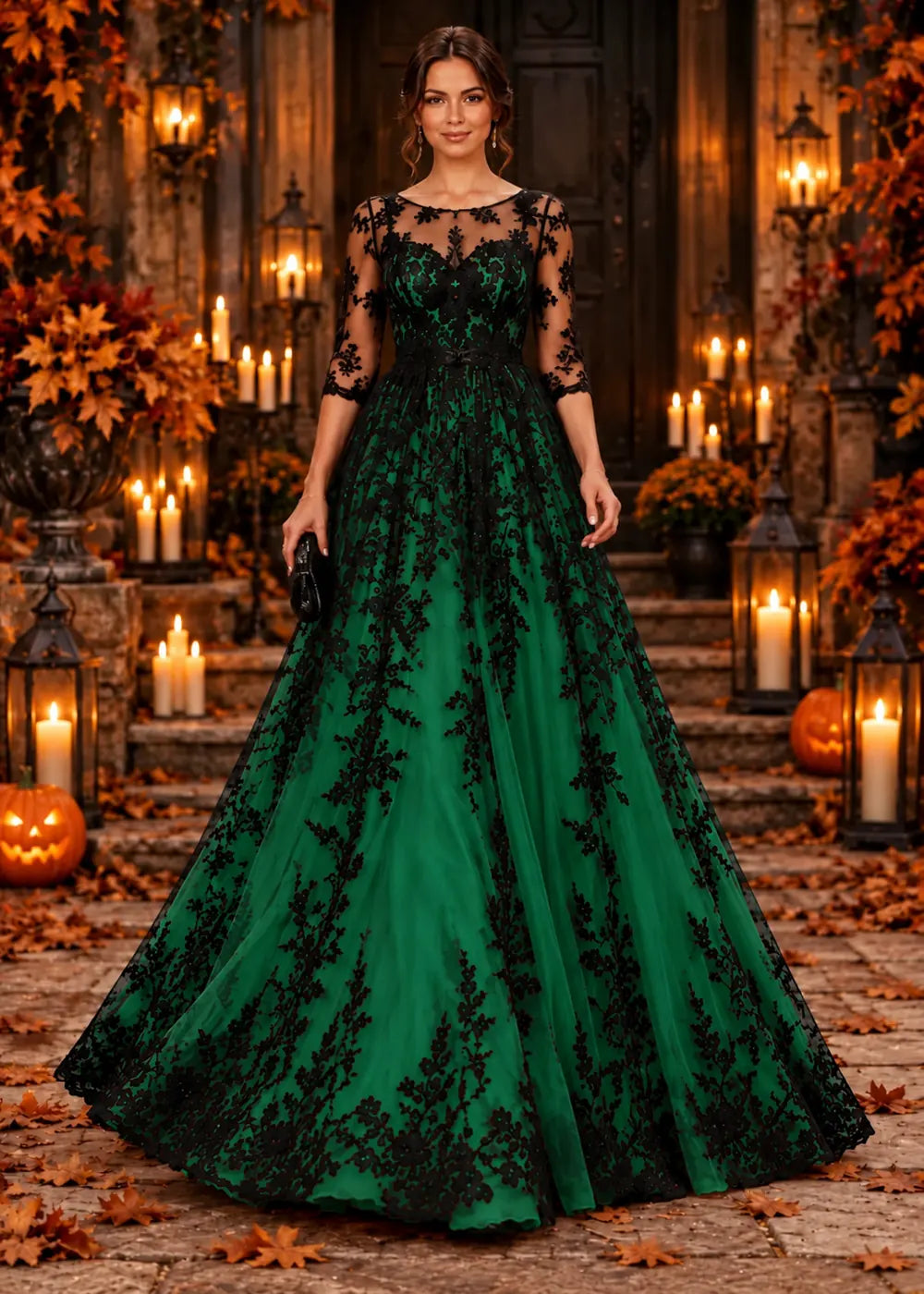 Front view of the emerald green evening gown with an allover black floral-lace overlay and a floor-length tulle skirt.