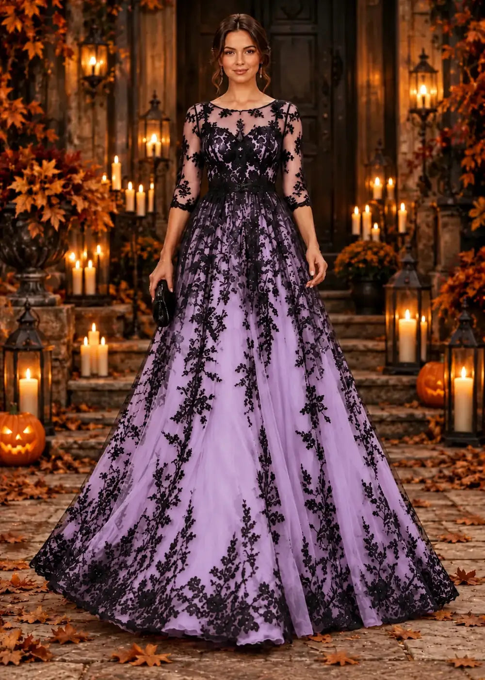 Front view of the lavender evening gown with an allover black floral-lace overlay and a floor-length tulle skirt.