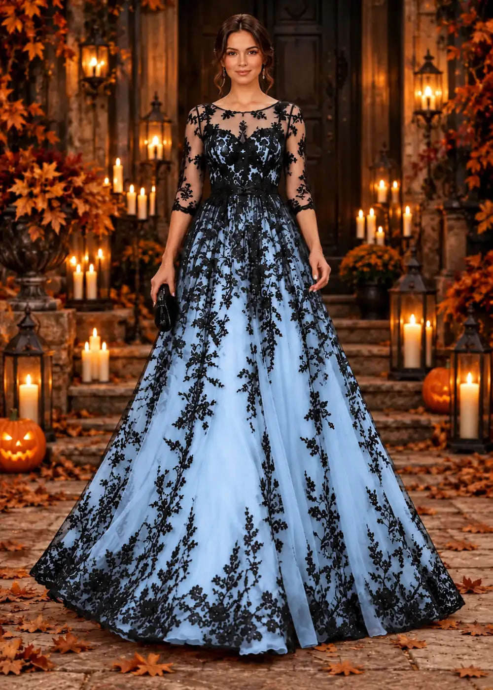 Front view of the light blue evening gown with an allover black floral-lace overlay and a floor-length tulle skirt.