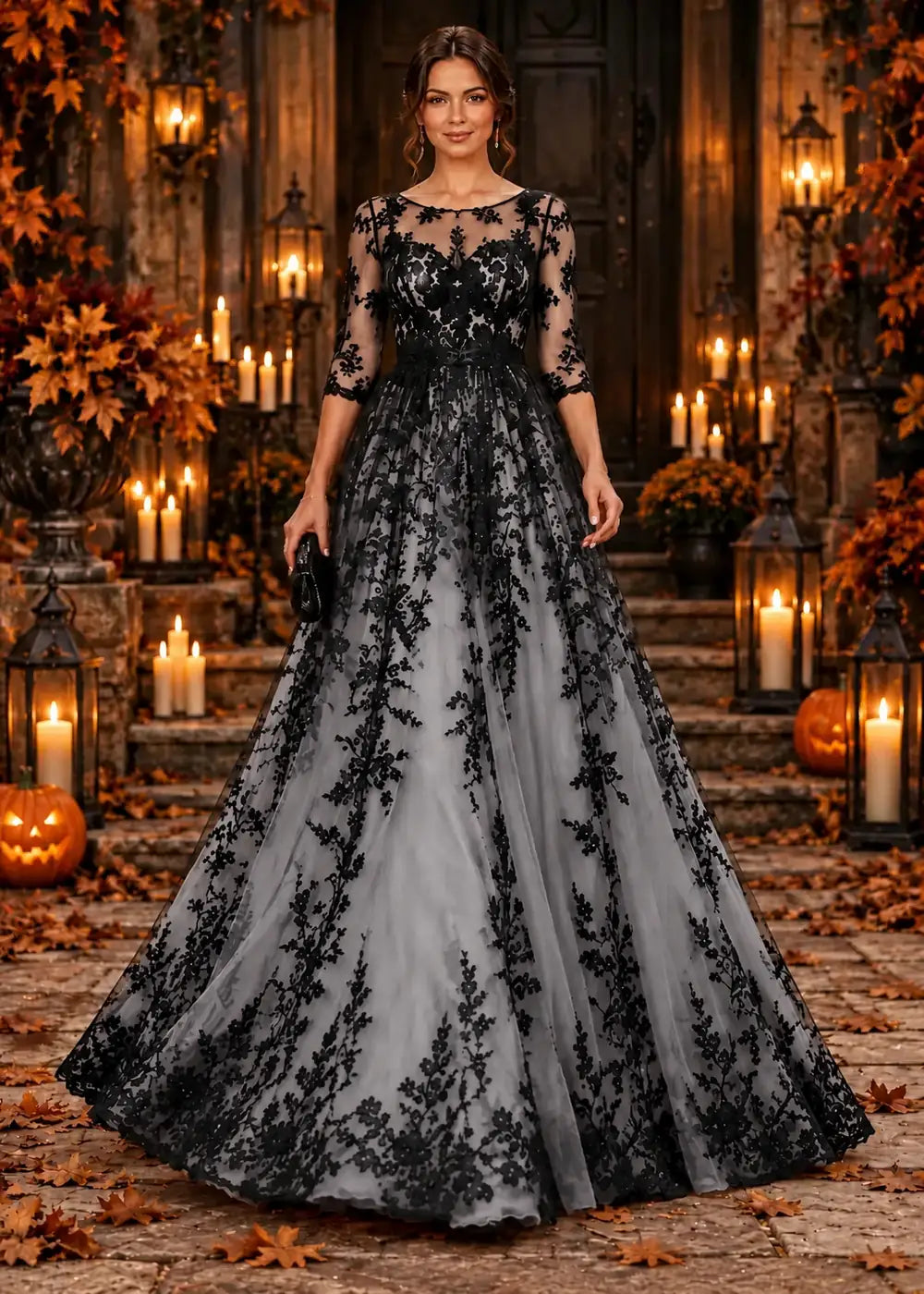 Front view of the silver gray evening gown with an allover black floral-lace overlay and a floor-length tulle skirt.