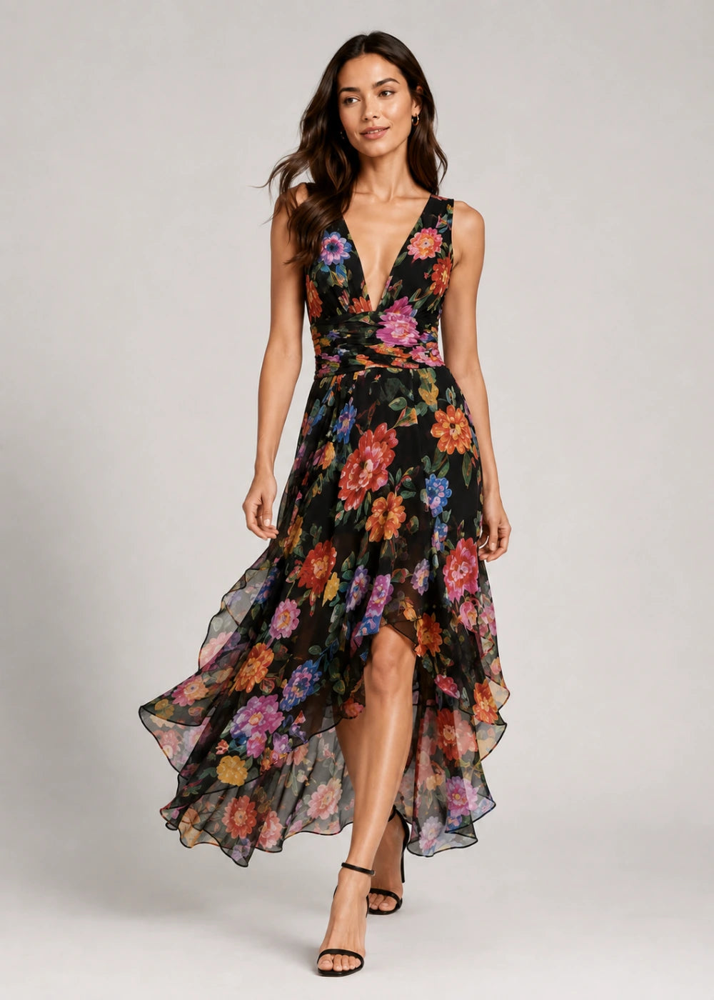 Black Multicolor Floral Deep-V High-Low Dress