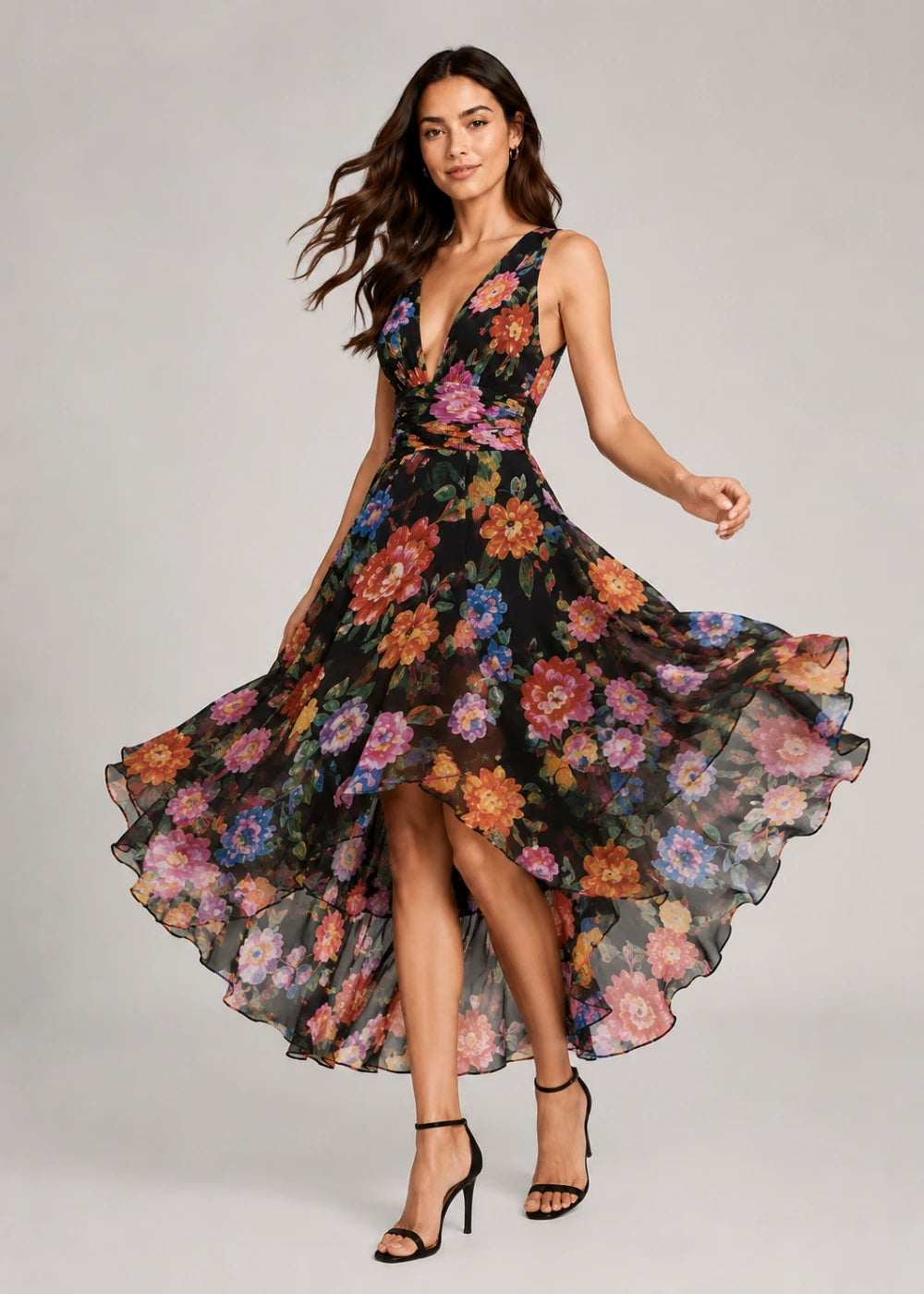 Black Multicolor Floral Deep-V High-Low Dress