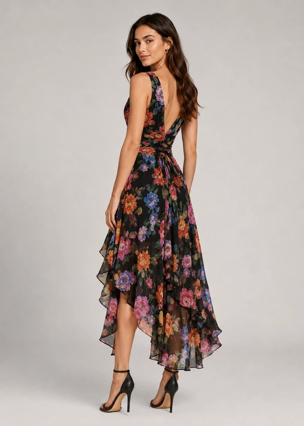 Black Multicolor Floral Deep-V High-Low Dress