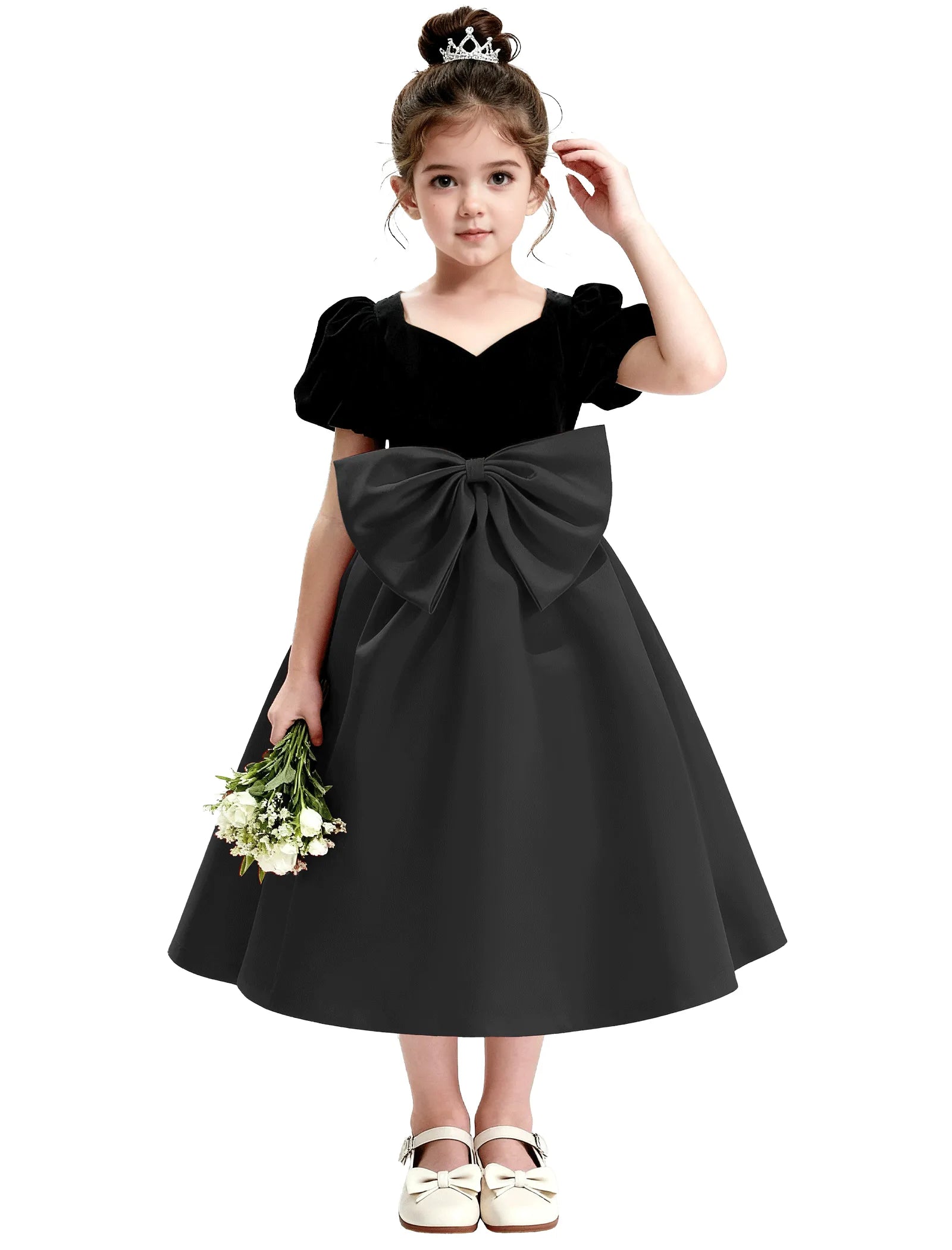 Girls Formal Dress with Puff Sleeves and Sash