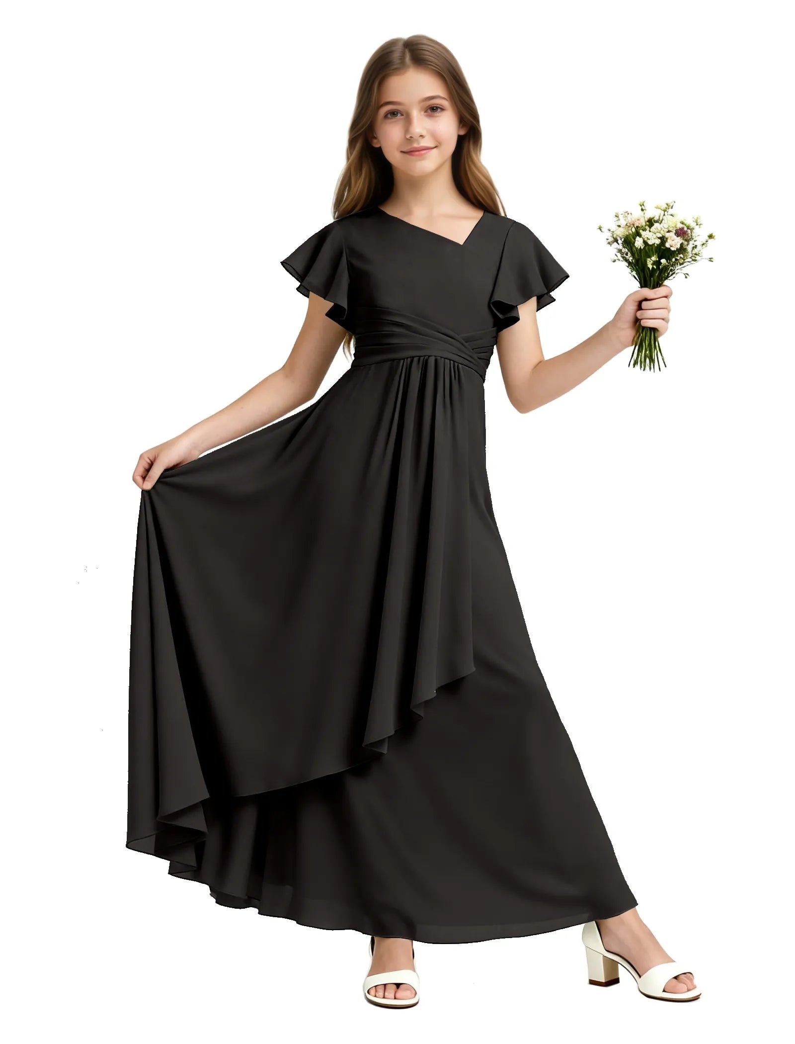 Girls Flutter Sleeve Asymmetrical Maxi Dress