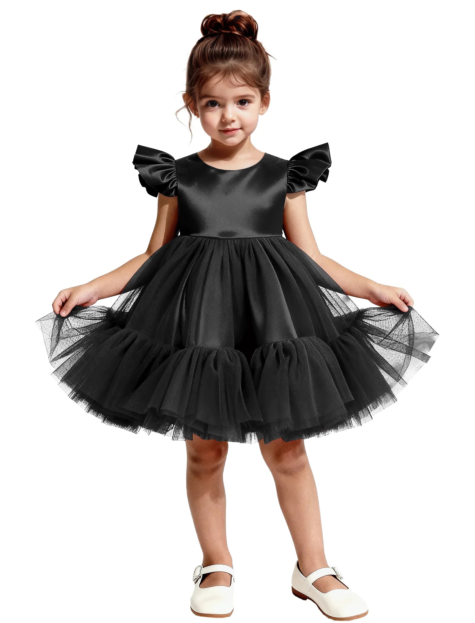 Puff Sleeve Satin Tulle Party Dress for Girls