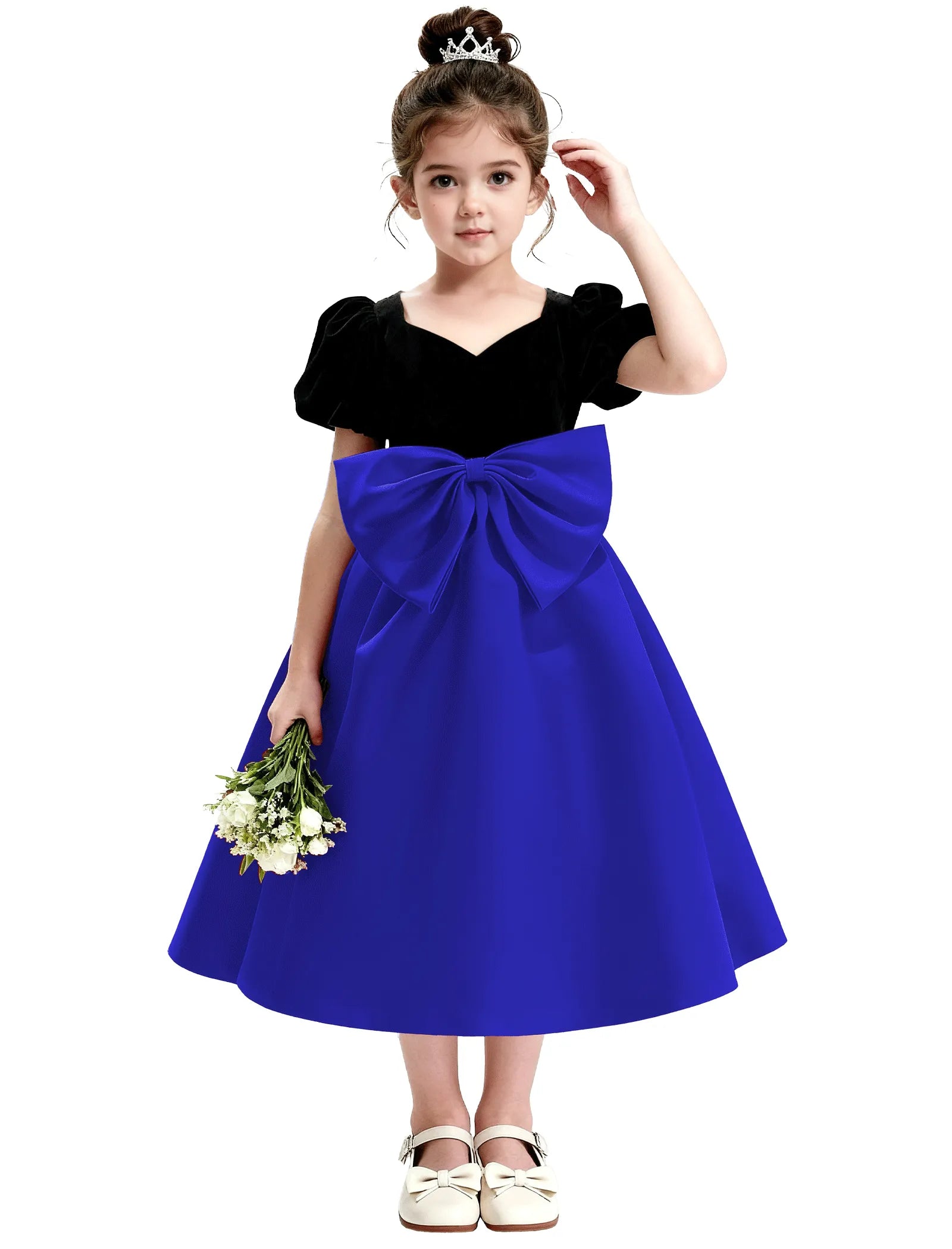 Girls Formal Dress with Puff Sleeves and Sash