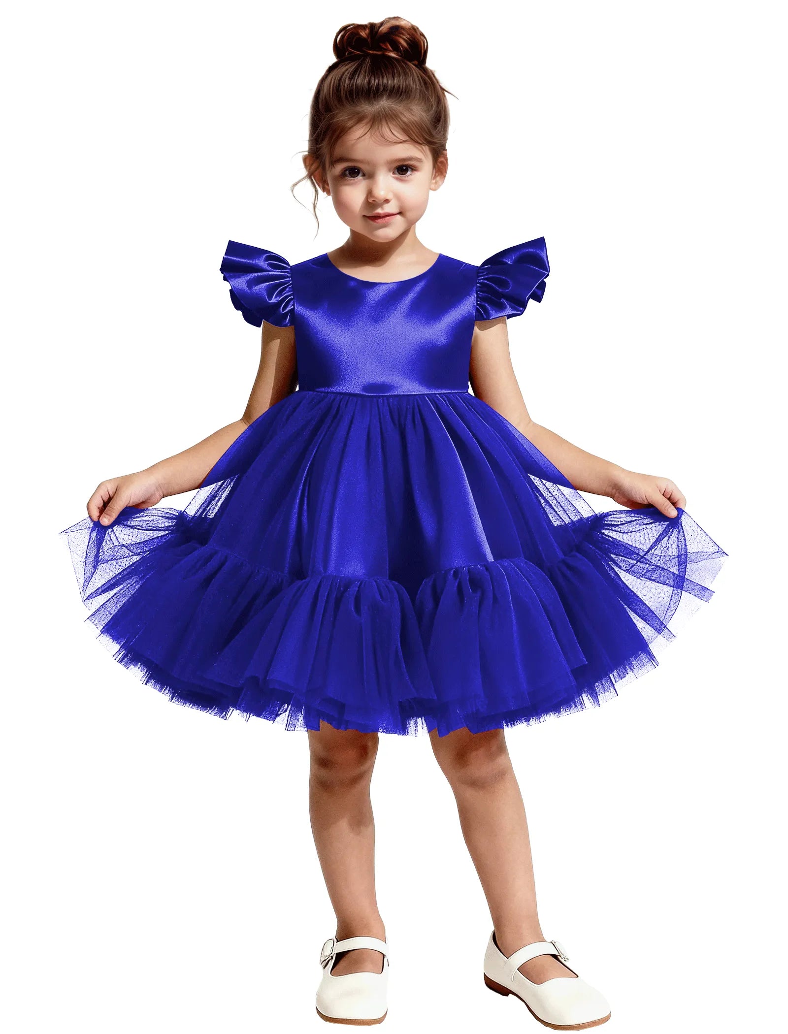 Puff Sleeve Satin Tulle Party Dress for Girls