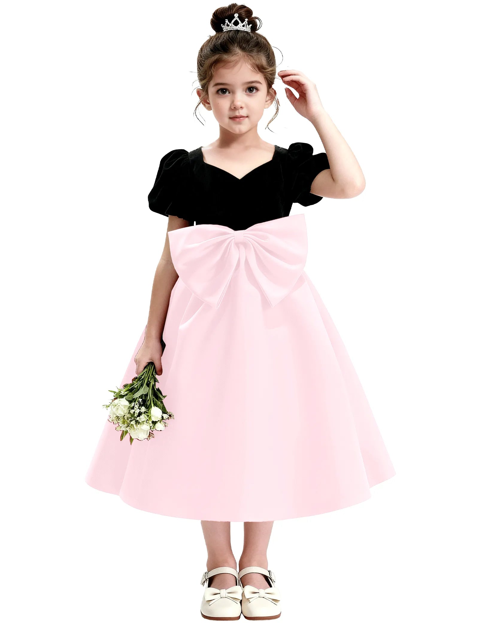 Girls Formal Dress with Puff Sleeves and Sash
