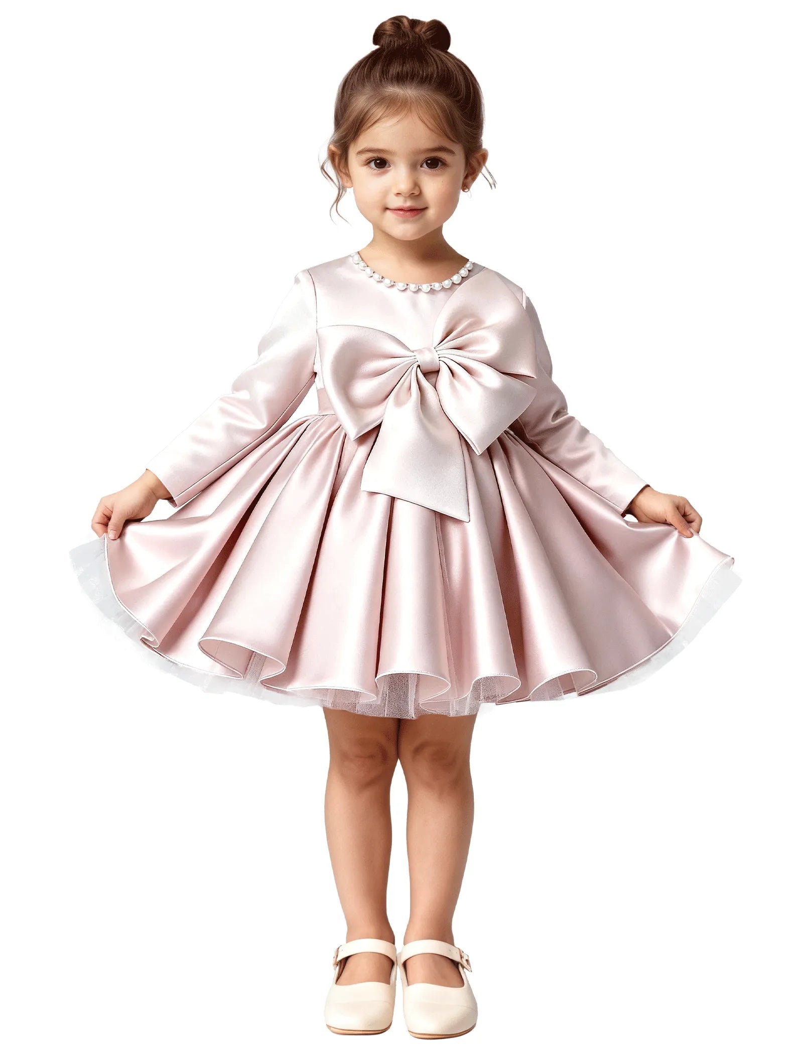 Girls Long Sleeve Satin Dress with Bow and Pearls