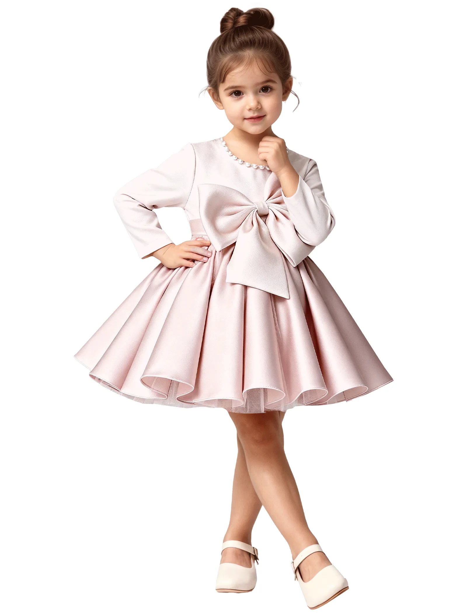 Girls Long Sleeve Satin Dress with Bow and Pearls