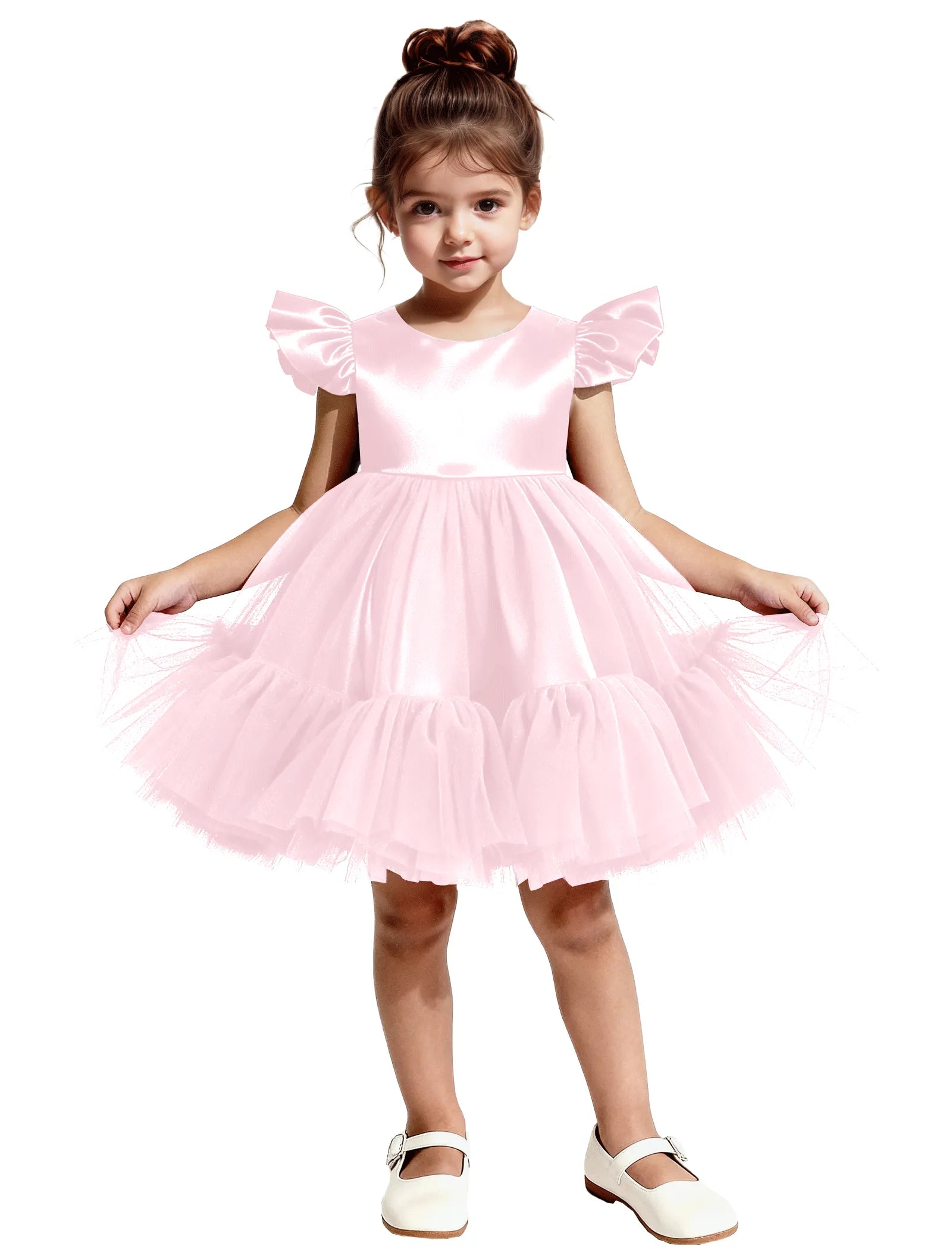 Puff Sleeve Satin Tulle Party Dress for Girls
