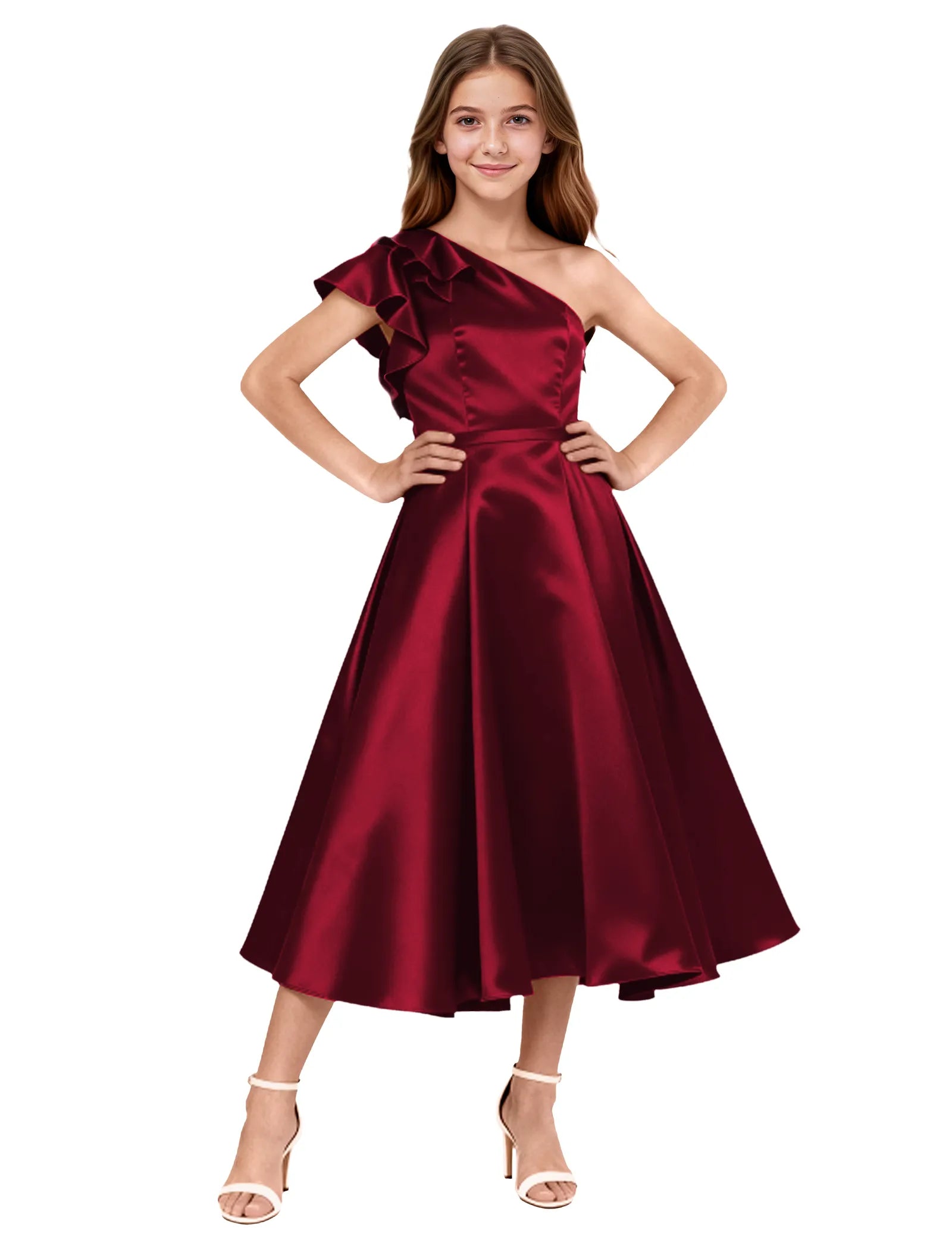 One Shoulder Satin Midi Dress for Girls Special Occasions