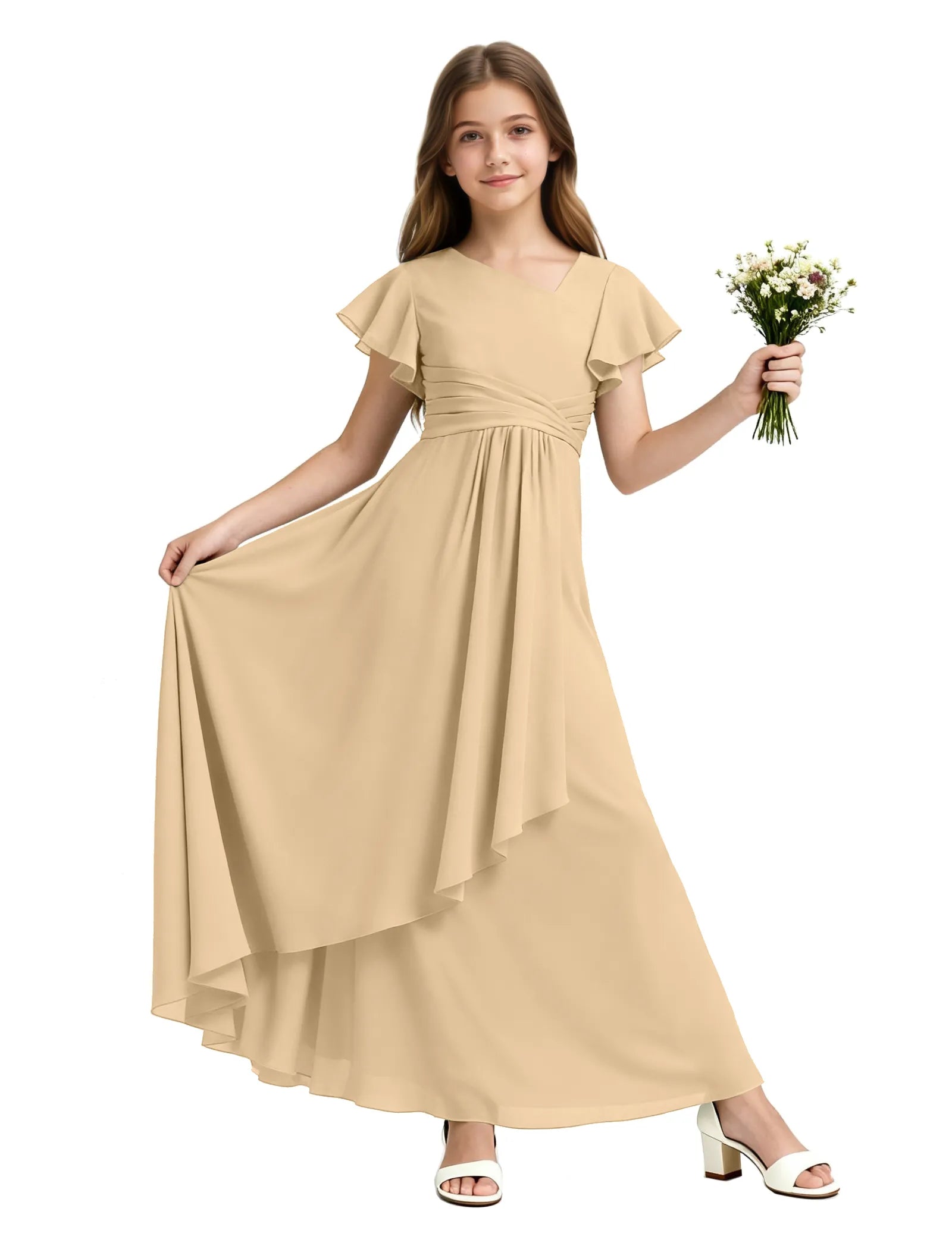 Girls Flutter Sleeve Asymmetrical Maxi Dress