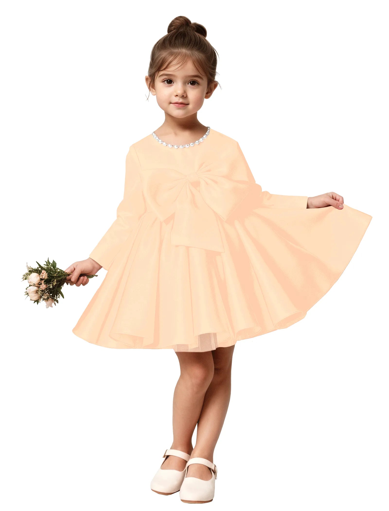 Girls Long Sleeve Satin Dress with Bow and Pearls