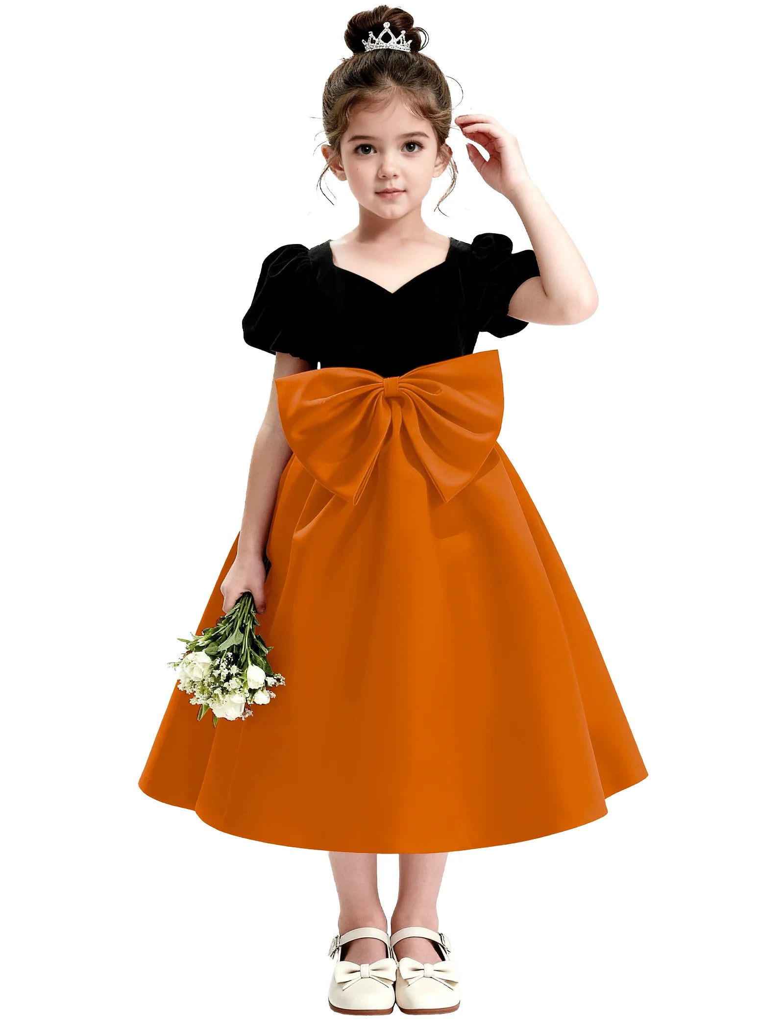 Girls Formal Dress with Puff Sleeves and Sash